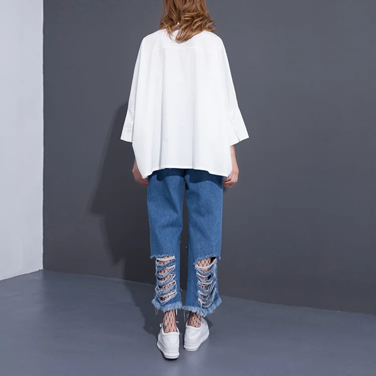  LANMREM 2020 New SpringFashion New Mirror Letter Embroidery White Big Size Shirt Korean Loose Blous