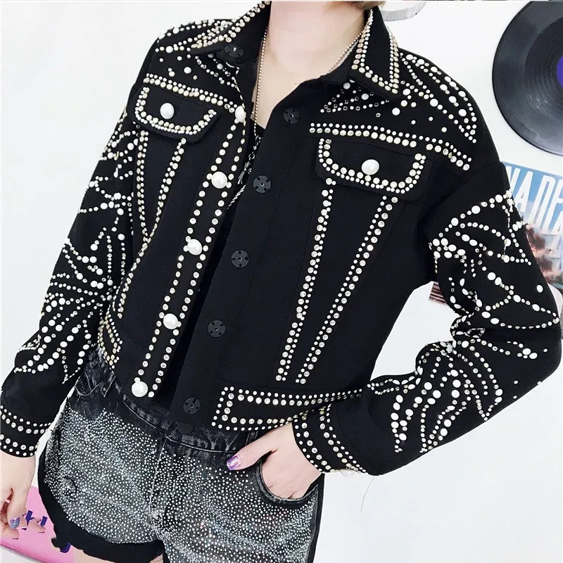 Female 2019 Spring Streetwear Black Denim Jacket Harajuku Heavy Hand Beaded Pearls Diamonds Coat