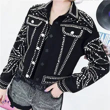 Female 2019 Spring Streetwear Black Denim Jacket Harajuku Heavy Hand Beaded Pearls Diamonds Coat