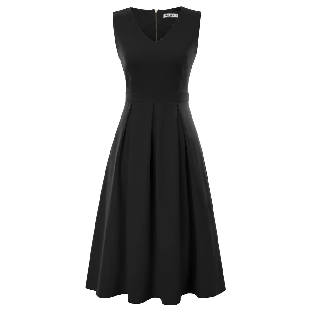 Women black dresses Sleeveless V Neck Pleated design A Line plain color