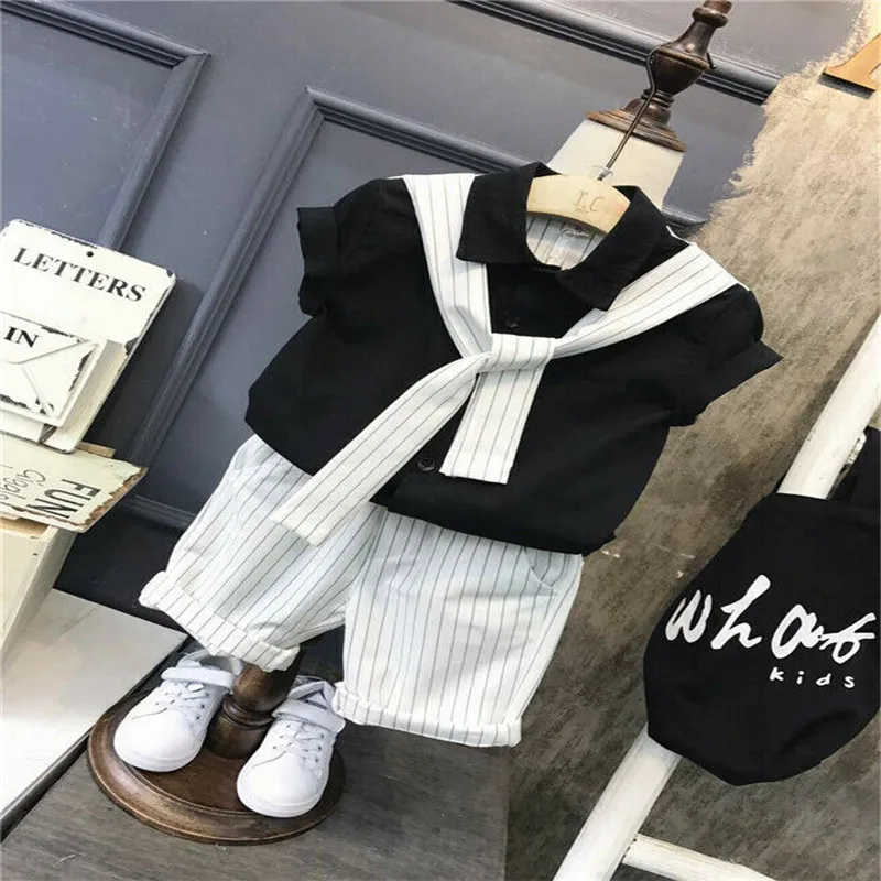 

Cute Newborn Kids Baby Boys clothes short sleeve Button turn-down collar solid T-shirts striped pocket Pants 2pc Toddler Outfits