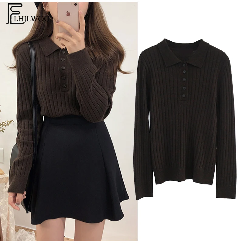 

Basic Pullover Sweaters Winter Hot Sales Women Preppy Style Korean Stylish Design Casual Knit Top Brown Button Sweater 3511