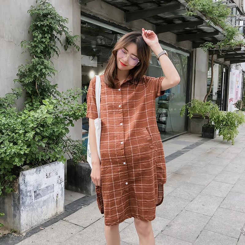 

Summer Maternity Dresses Vestido Pregnancy Dress Fashion Short-sleeved Plaid Maternity Shirt Loose Large Size Maternity Dress