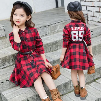 

Girls Fashion Casual Long Sleeve Plaid Shirt Dress Children's Clothing Spring Large Children's Slim Princess Girls Party Dress