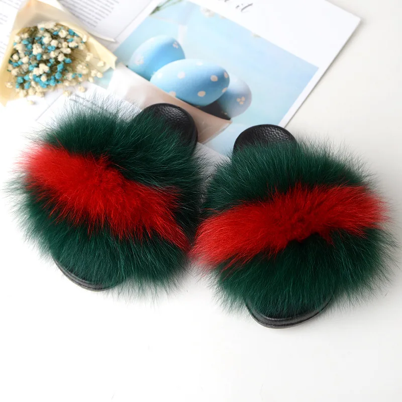 

Girls Slippers Fur Real Fox Kids Slides Fluffy Summer Indoor Slippers Furry Children Home Shoes Cute Plush Luxury 2019 New