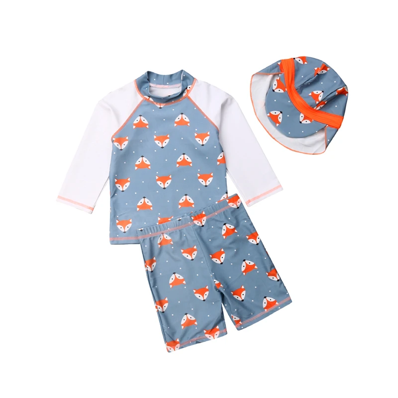 

Toddler Kid Baby Boy Girl Clothes Set Summer Long Sleeve Top Short Fox Swimming Cap Swimwear Sun Protection Clothing Costume