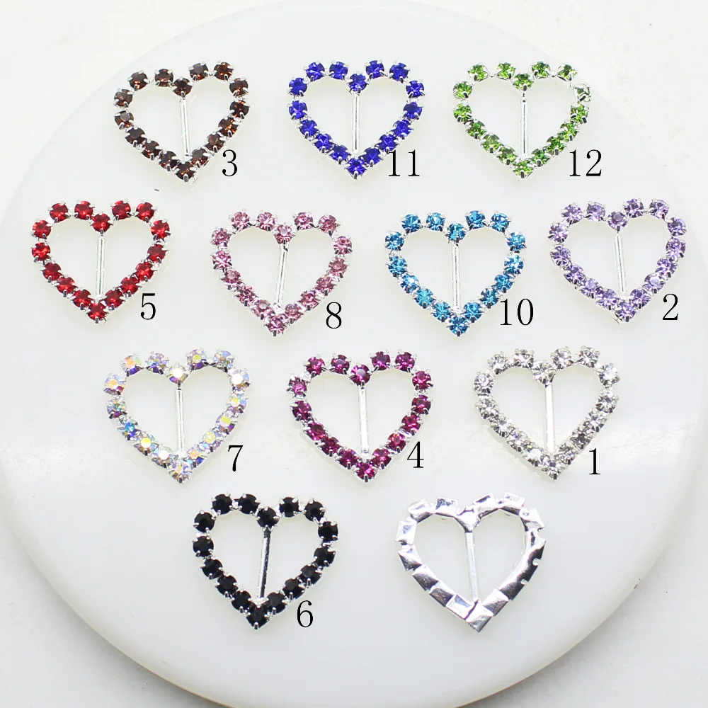 

10pcs/Lot 20mm*21mm Heart Silver Multicolor Rhinestones Buckles Metal Diamante Diy Hair Accessory Bling Wedding Ribbon Fitting