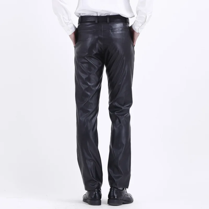Summer Waterproof Loose Stretch PU Faux Leather Pants Men Straight Fashion Thin Leather Trousers Black Plus Size men trousers leather pants