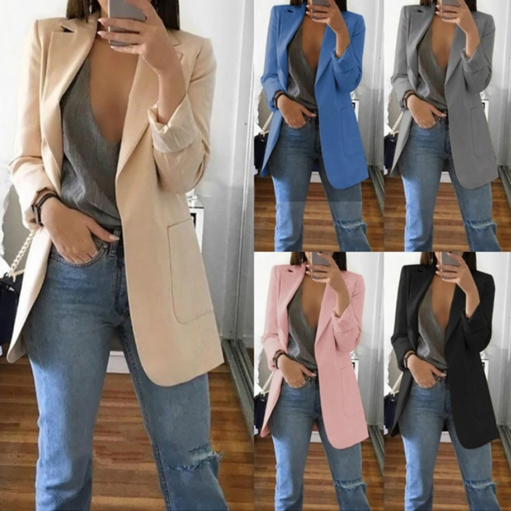 Women Casual Blazers Slim Solid Suit Coats Spring Business Top Jacket Outwear Ladies Fashion Formal OL Pockets Black Pink Coats