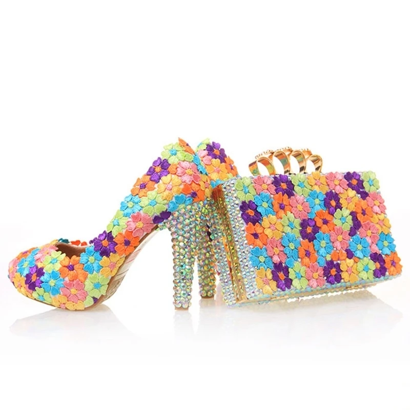 

Handmade Elegant Lace Flower Wedding Party Shoes Matching Bag Multicolor Bridal Shoes Banquet Evening Prom Pumps with Clutch