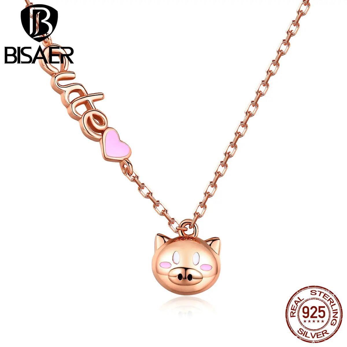 

BISAER New Arrival 925 Sterling Silver Necklace For Women Rose Golden Cute Piggy CZ Necklace Jewelry Gift For Women HVN043