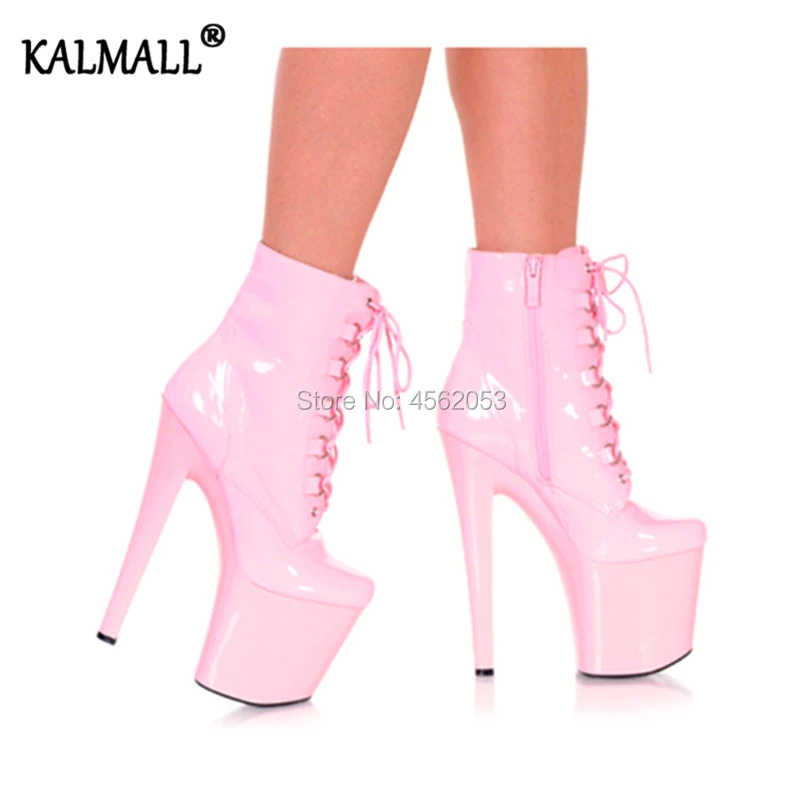 

KALMALL Patent Leather Black White Pink Sky-high Fetish Shoes Women Sexy Stiletto Heels Cross-tied Platform Ankle Boots Size 43