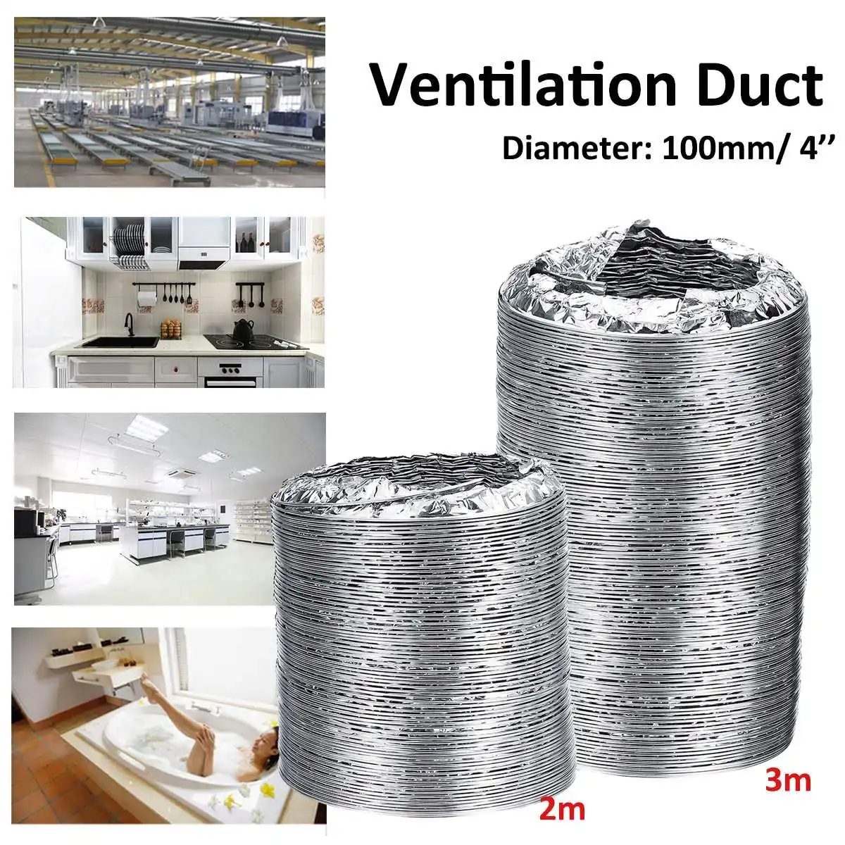 

3/2 Meter Length 4 inch 100mm Aluminum Tube Ventilation Hose Exhaust Pipe Duct Flexible Tube for Air System Vent Home Bathroom