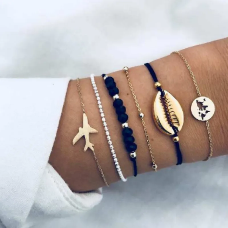 

NEW 6pcs/set Western Style Simple Fashionable Plane Shell Alloy Women Bracelet Set