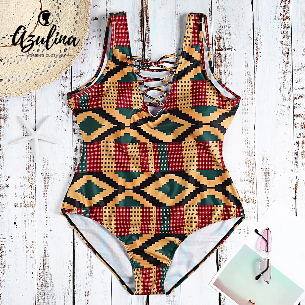 

2019 Plus Size One Piece Swimsuit Plunge Neck Criss-cross Bodysuit Strap Padded Colorful Geometric Print Women Swimsuit