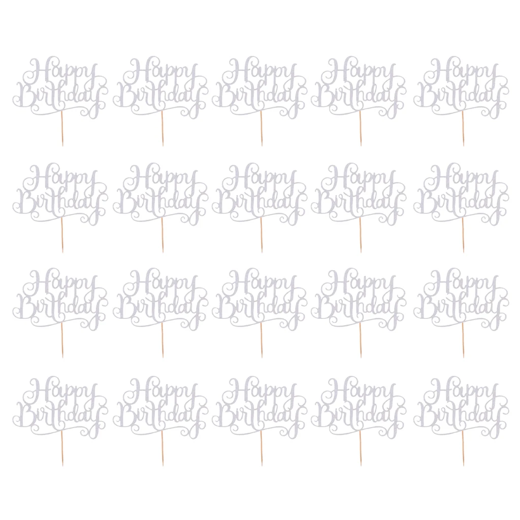 

Pieces of 20 Glitter Happy Birthday Cupcake Topper Celebrative Party Cake Centerpieces Silver