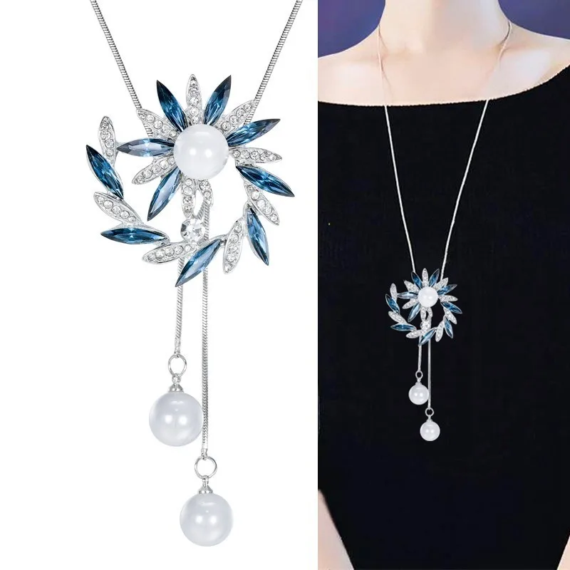 

Cystal Long Necklaces for Women Jewelry 2019 Fashion Simulated Pearl Flower Choker Necklaces & Pendants Sweater Chain Collier