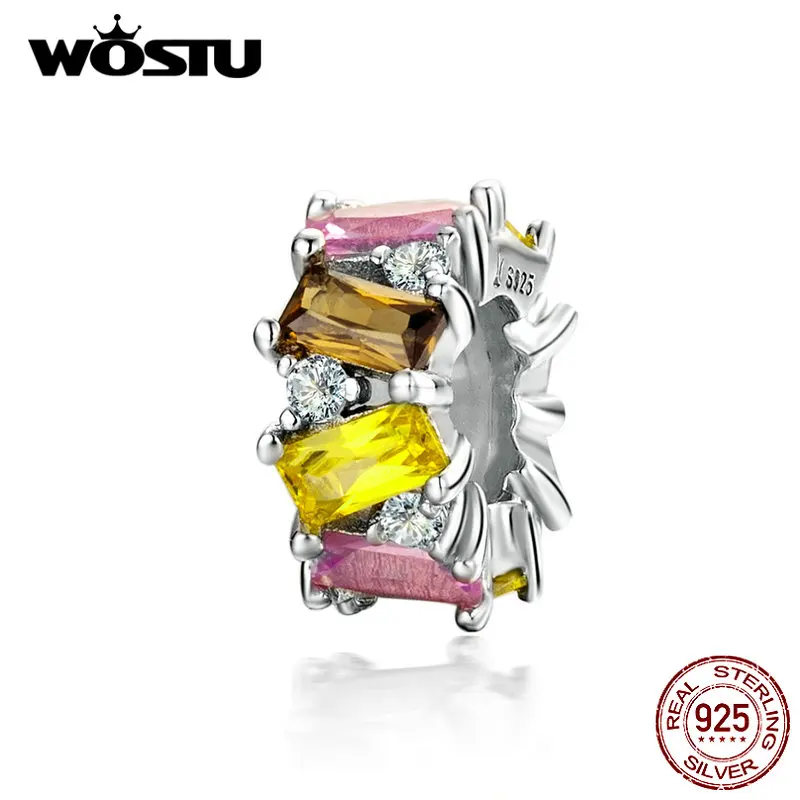 

WOSTU Multi-Color Crystal Spacer Charm Beads 925 Sterling Silver Stoppers Fit Original DIY Bracelet Jewelry Making CQC1182
