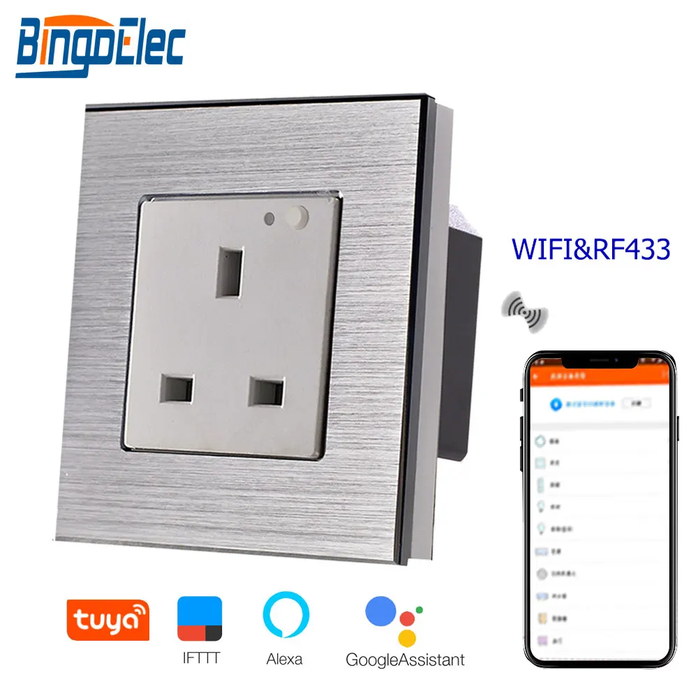 Bingoelec UK standard 13A wifi розетка алюминиевая рама Беспроводная настенная розетка с RF 433 умный дом автоматизация управление по телефону