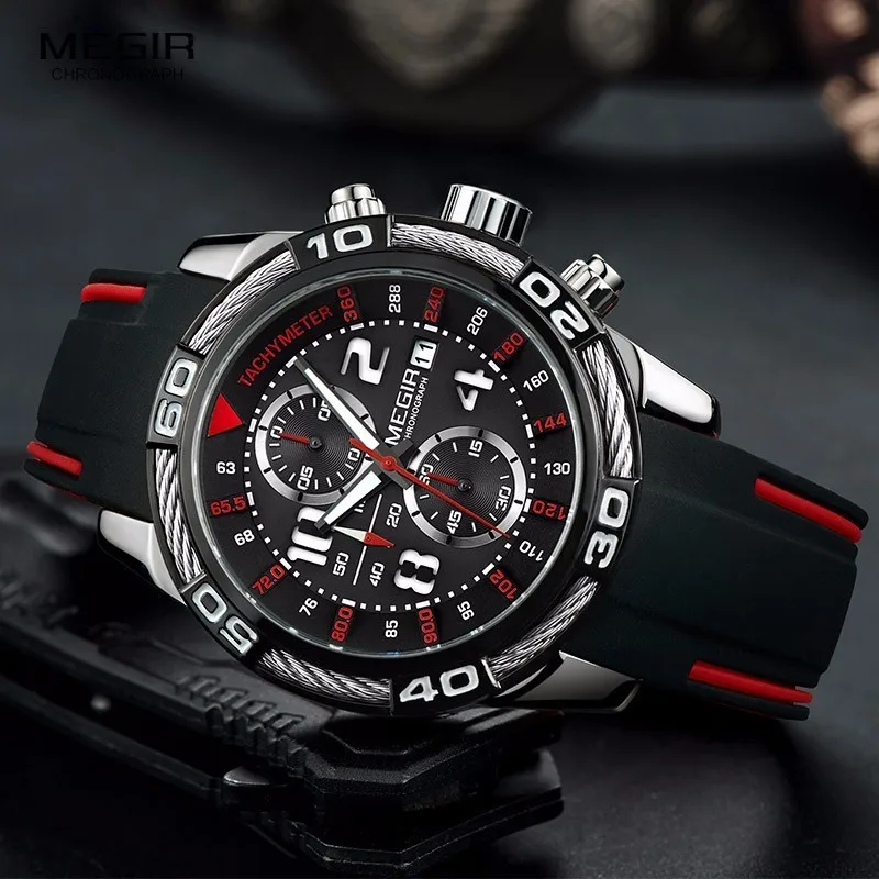 

Megir Analogue Chronograph Battery Quartz Watch for Man Men's Black Silicone Bracelete Sport Wristwatch Boy's Stopwatch 2045G