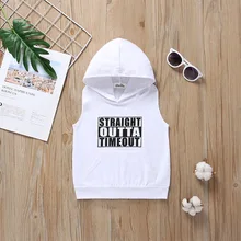 Толстовки без рукавов с буквенным принтом для маленьких мальчиков и девочек, топы, Летний Детский свитшот, детская одежда, белый и черный цвета, год, для детей 1-3 лет