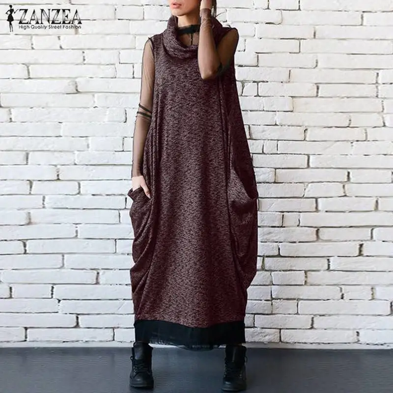

ZANZEA Fashion Women Turtleneck Long Dress Summer Vintage Sleeveless Solid Overalls Dress Pockets Loose Casual Sarafans Vestido