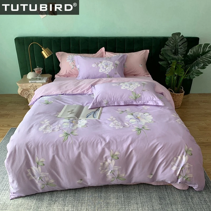 

100% Cotton floral bedding set purple flower bedspread duvet covers pastoral duvet bed linen sheet pillowcase 4pcs for girl
