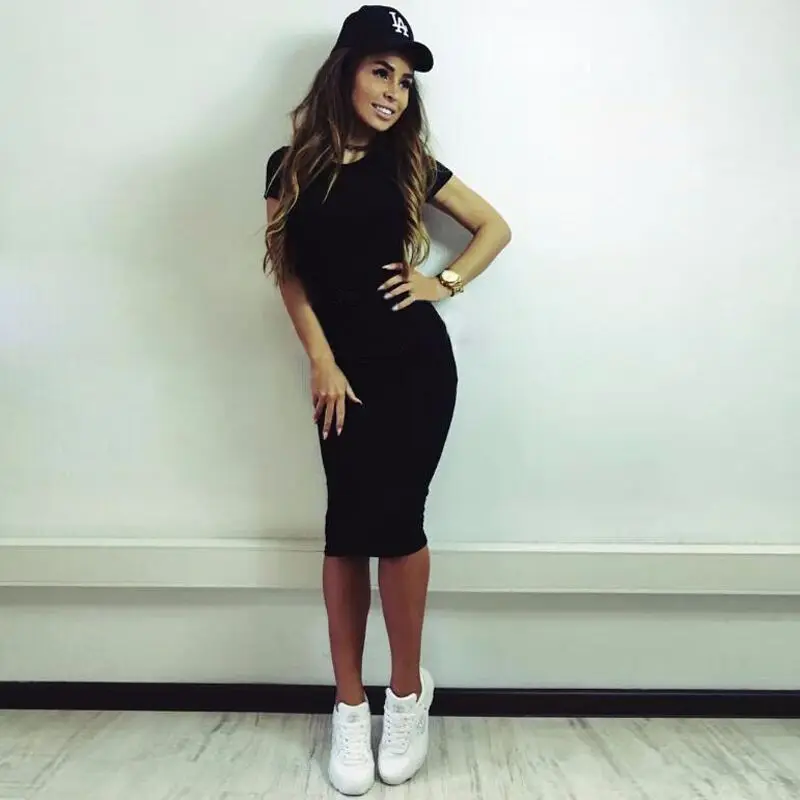 

2019 Hot Cotton Women Dress Solid Fashion Casual Sexy Women Summer Solid Party Dress Knee Length Dress