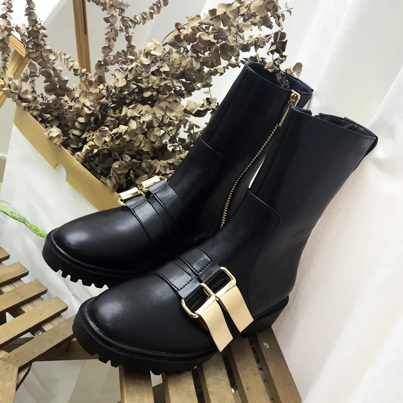

Brand Gold Metal Decor Ankle Boots Side Zipper Sapato Feminino Knight Boots Chaussures Femmes Short Booties Chic Botas Mujer