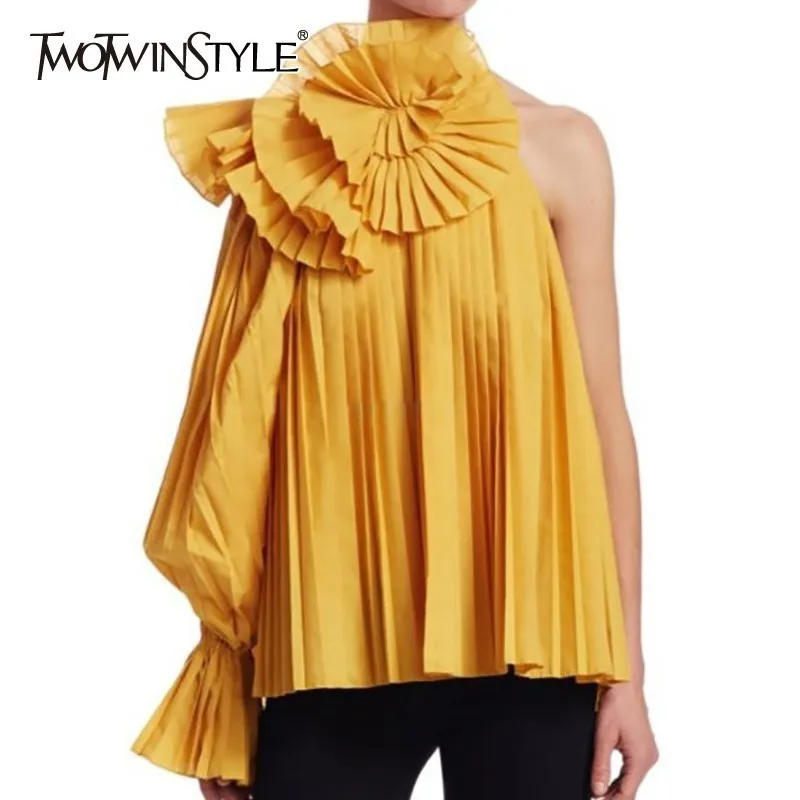 

TWOTWINSTYLE Solid Floral Blouse Women Halter One Shoulder Flare Sleeve Backless Pleated Shirt Female Fashion 2019 Spring New