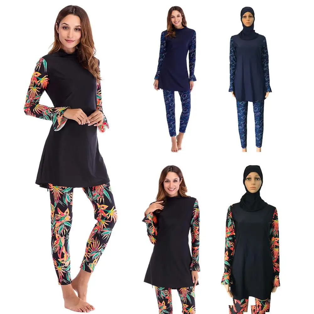 

Muslim Women Swimsuit Flower Print Full Cover Islamic Swimwear Bathing Beachwear Arab Burkini Sets Outfits Modesty With Cap New
