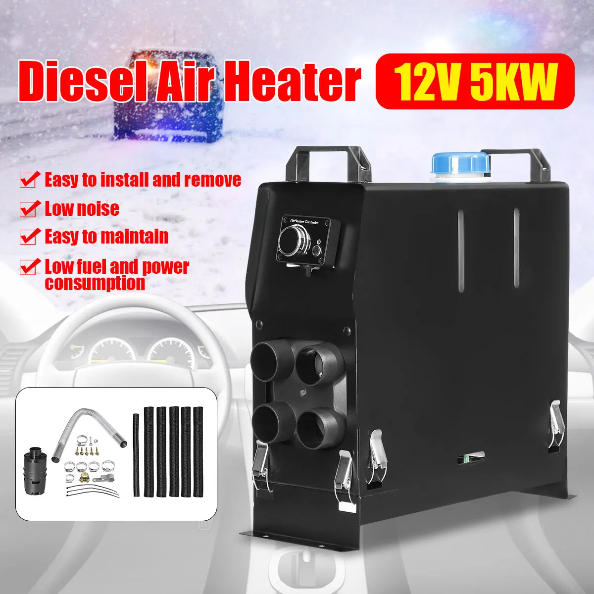 

New All In One 12V 5KW Diesels Air Heater 4-Hole 5000W LCD Display Digital Switch For Truck RV Trailer Boats Caravan Car Heating