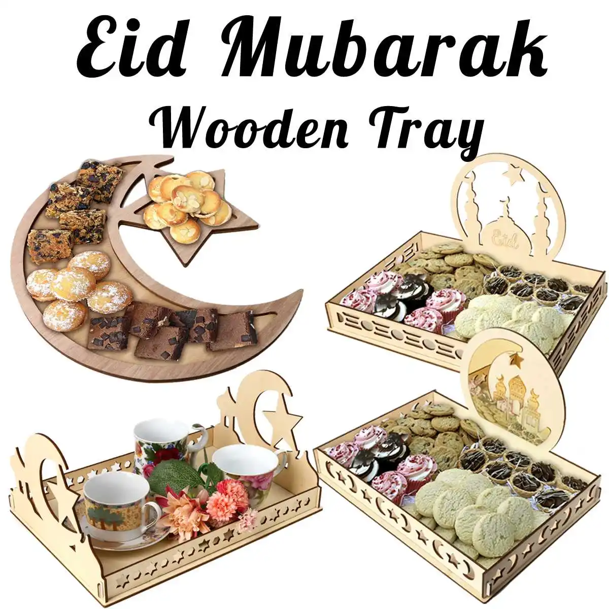 Десертный поднос деревянный художественный Eid Mubarak вечерние поднос для посуды Дисплей Деревянный исламский, мусульманский лотки для хранения еды