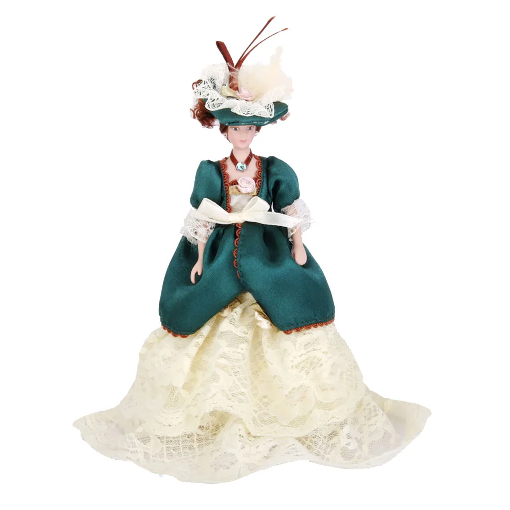 

1/12 Dolls House Miniature Porcelain Dolls Victorian Lady w/ Lace Green Hat