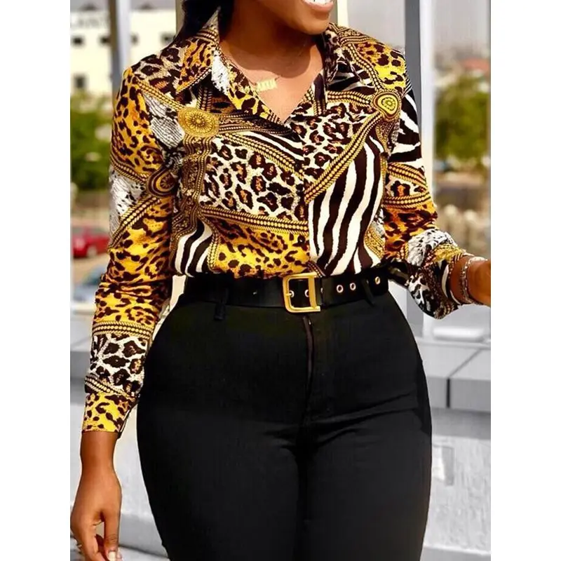 

Summer Yellow Big Size Office Ladies Sexy Club Women Blouses Casual Retro Slim Lapel Print Leopard Female Tops Fashion Shirts