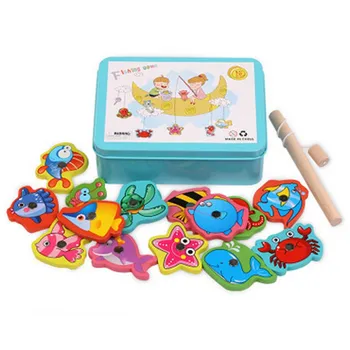 

16pcs Set Plastic Magnetic Fishing Toys Game Kids Fish Indoor Outdoor Fun Baby Wooden Water Lure with Metal Box