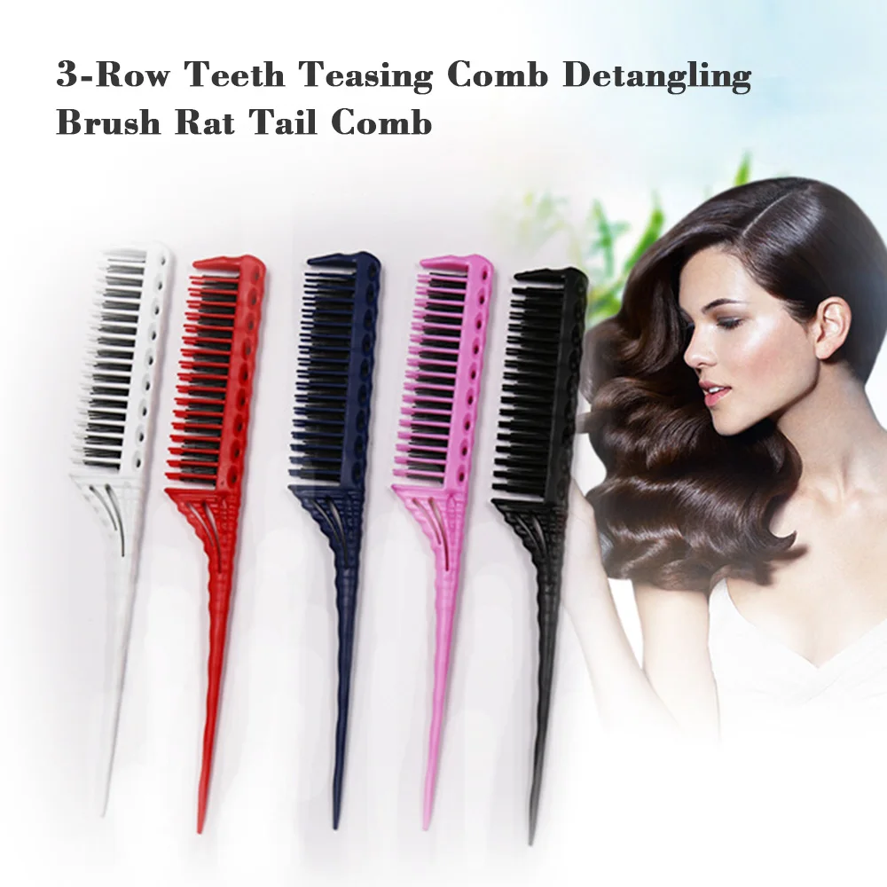

3-Row Teeth Teasing Comb Detangling Brush Rat Tail Comb Adding Volume Back Coming Hairdressing Combs