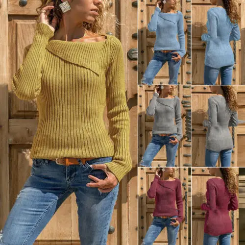 Womens Long Sleeve Pullover Tops Sweater Ladies V Neck Jumper Knitwear O Neck Solid Pullover `Cloth