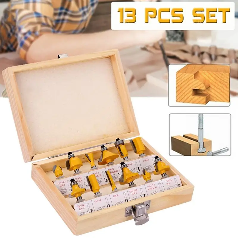 

12pcs Edge Trimming Router Bits Set 6.35mm 1/4" Woodworking Milling Cutter Engraving Machine Bit with Wooden Box