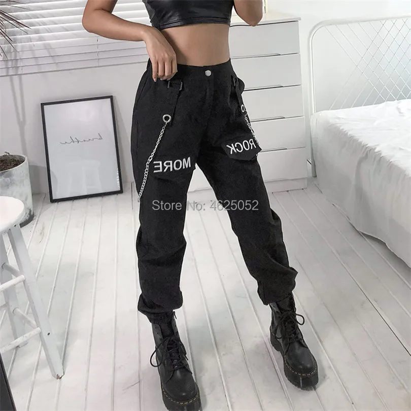 

streetwear chain cargo pants women high waist pants solid straight capris trousers women autumn spring pants women harajuku