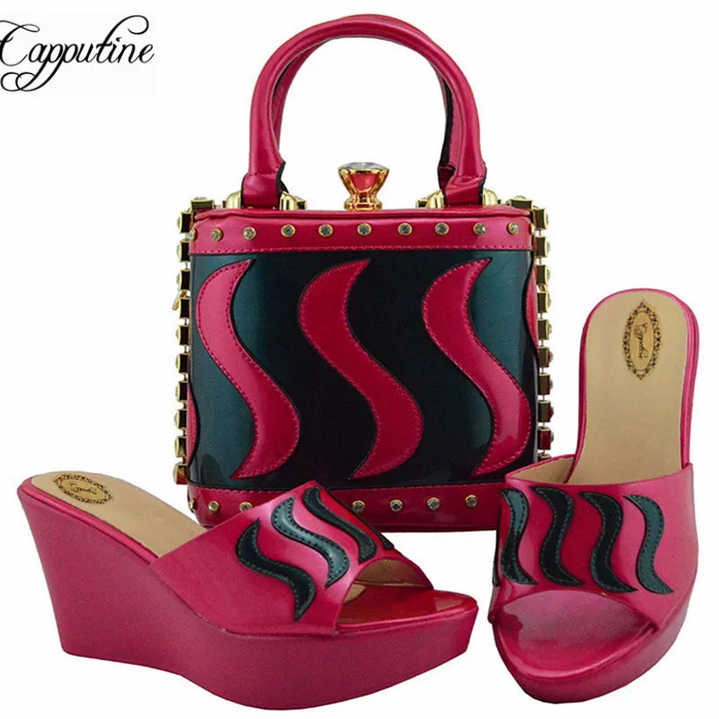 

New Arrival Fashion Simple Pretty Slipper Shoes And Bag Set Italy Style PU Woman Wedges Shoes And Bag Set For Party MD005