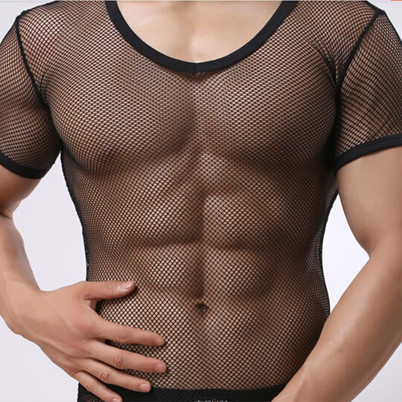 

New Mens Fitness Super Thin Shapewear Transparent Mesh See Through Short Sleeve Casual Tight Sexy T shirt Tops Tees Undershirt