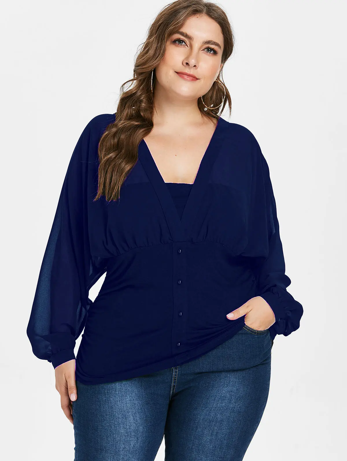 Wipalo Women See Through Plus Size Button Embellished Blouse Plunging ...