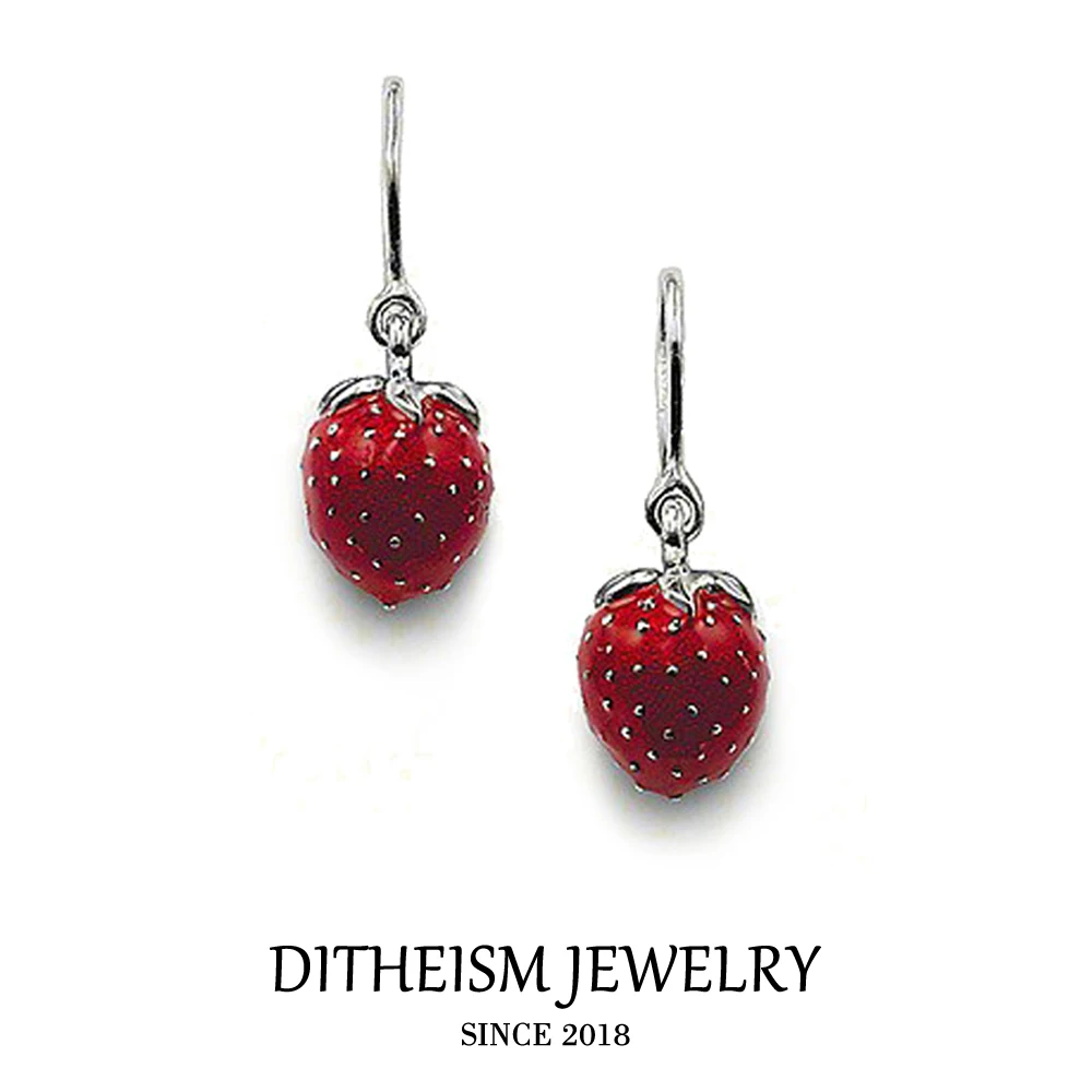 

Red Strawberry Drop Earrings, 2018 New Fashion Jewelry Cute 925 Sterling Silver Gift For Women