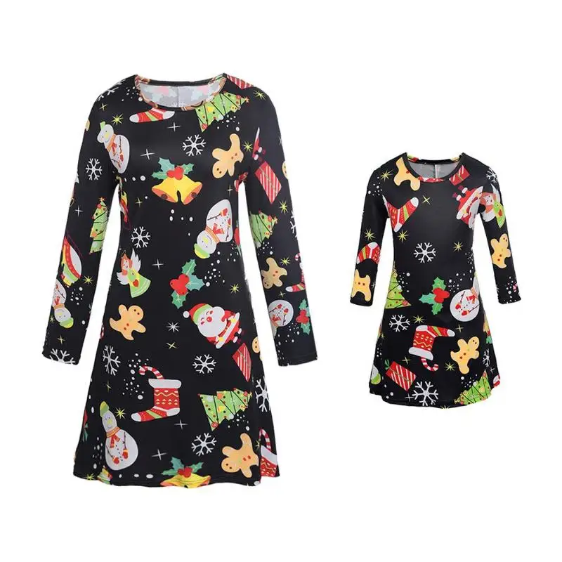 

Mommy Daughter Family Matching Outfits Long Sleeve Print Parent-child Dress O-Neck Christmas Mom Girls Dresses Family Clothes