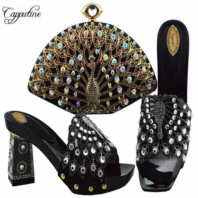 

Summer Style Rhinestone Rhinestone Shoes And Bag Set New Italian Woman High Square Heels Shoes And Bag Set For Wedding SL004