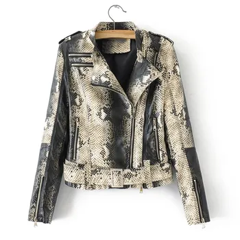 

Women Faux Soft Leather Jacket Snakeskin Black Punk Short Jacket Coats Rivet Zipper Turn-down Collar Outerwear
