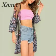 Boho Embroidered See Through Mesh Kimono Women Paisley 3/4 Sleeve Sheer Tribal Blouse 2019 Summer New Casual Long Kimono