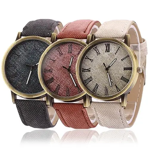 

Men Women Vintage Denim Fabric Round Casual Cowboy Analog Quartz Wrist Watches
