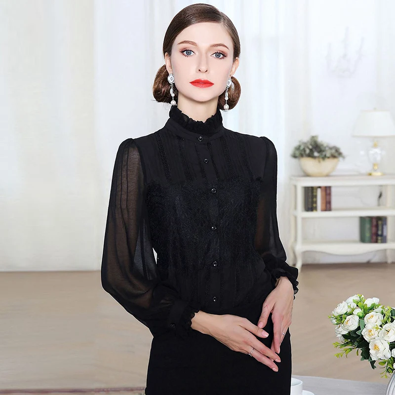 Zwarte bloemen zijde kant chiffon kantoor blouse womens tops en blouses 2019 elegante vintage sexy boho lange mouwen plus size slanke Zwarte bloemen zijde kant chiffon kantoor blouse womens tops en blouses 2019 elegante vintage sexy boho lange mouwen plus size slanke